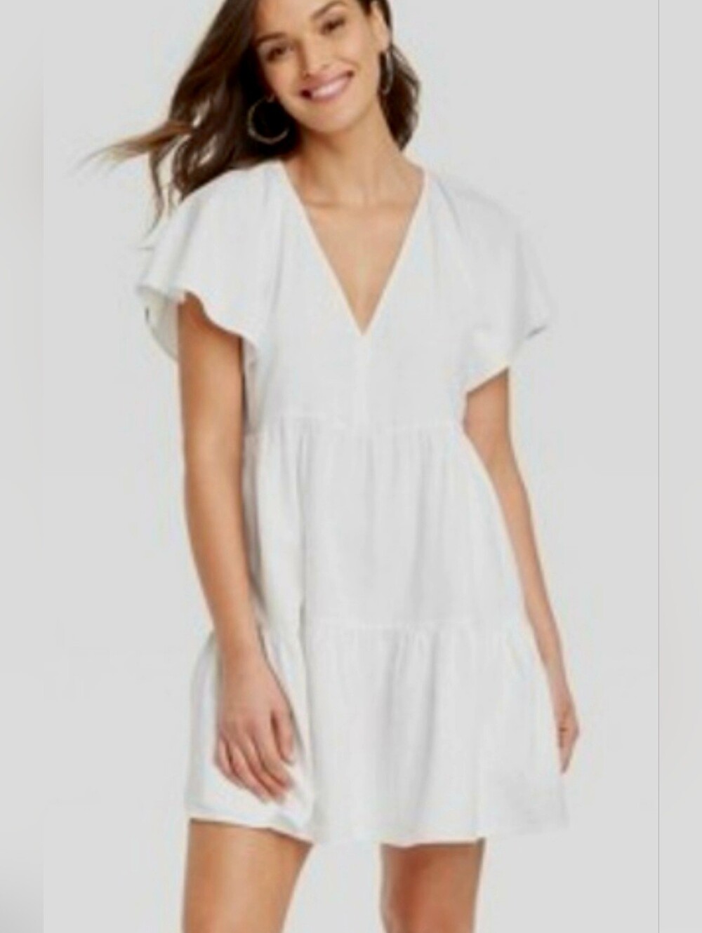 White V-Neck Flutter Sleeve Tiered Mini Dress